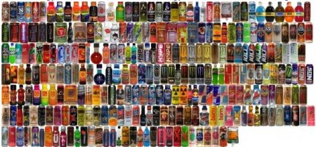 This is an image of a lot of different energy drinks that are upu now